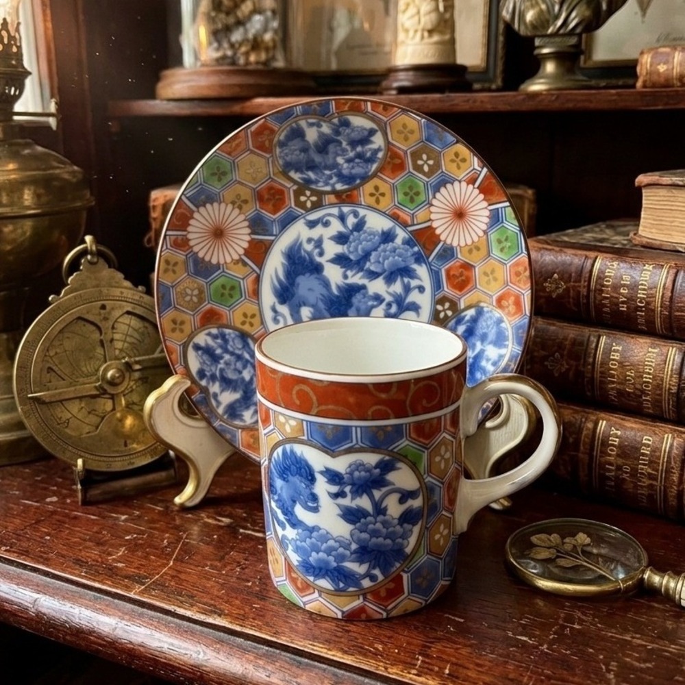 Japan Imari Cup and Saucer Set Shishi Lion Dog Kikko Pattern Porcelain Vintage